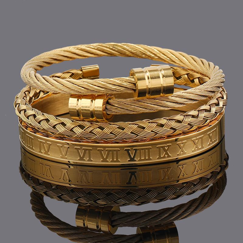 Ensemble de 3 bracelets pour homme en acier inoxydable de luxe, bracelets à chiffres romains, bijoux pour femme, cadeau pour couple or