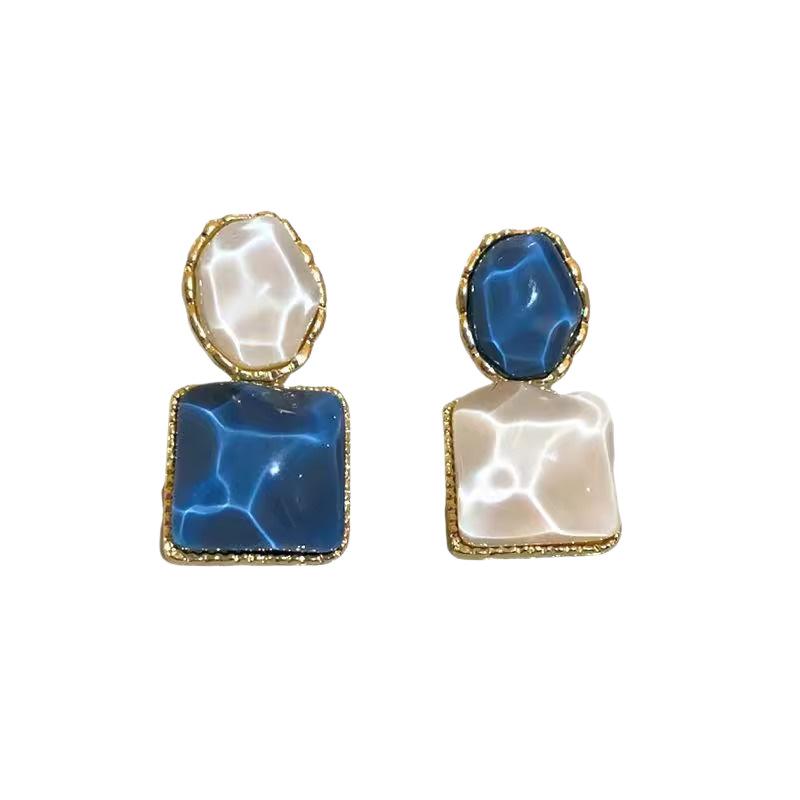 Geometric design blue square earrings light luxury high-end earrings versatile temperament stud earrings new fashion earrings