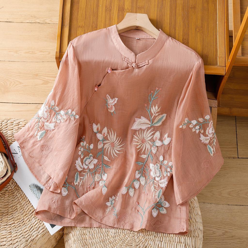 Retro embroidered cotton and linen shirt women's summer new stand-up collar diagonal placket buckle temperament top