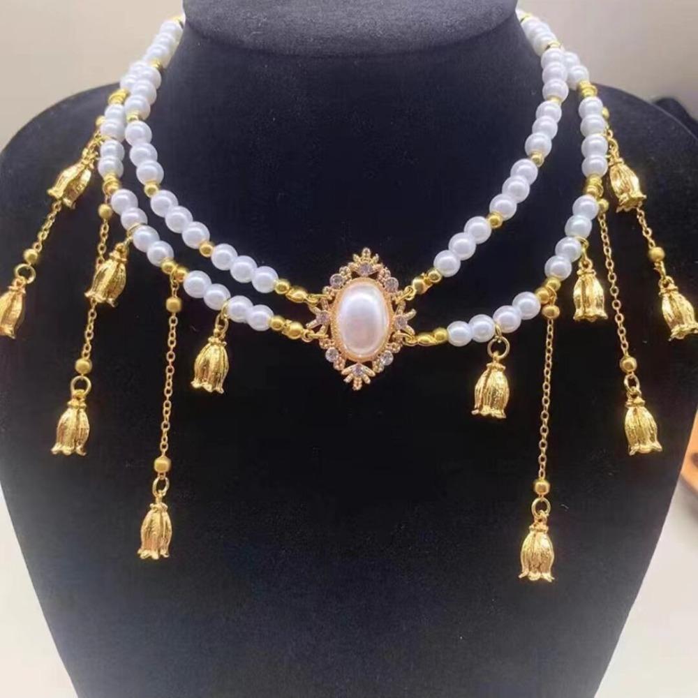 

Vintage Luxury Rhinestone Pearl Tassel Chain Imitation Pearl Crystal Necklace Choker Charm Gift білий