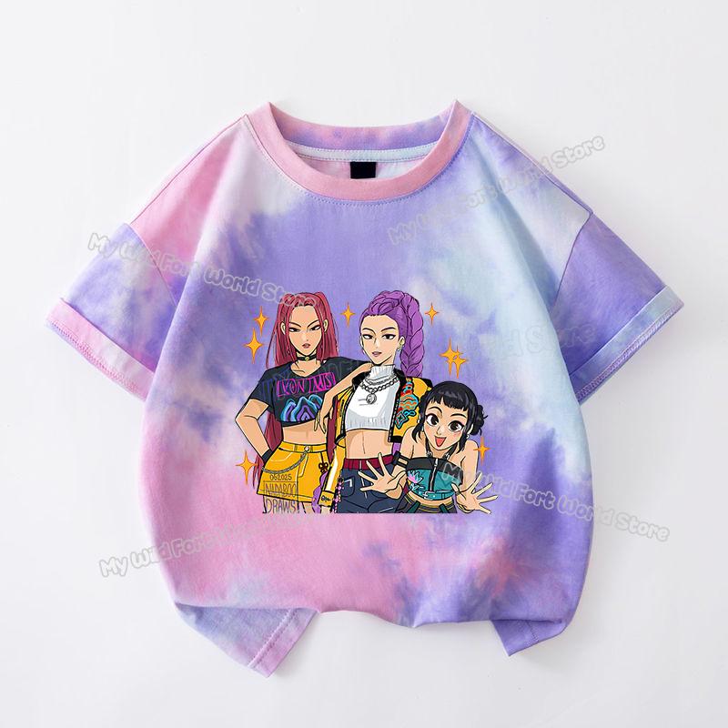 Haijian03 KPop Demon Hunters Tie-dye T-shirt voor Meisje Tops met Korte Mouwen Rumi Mira Zoey Print T-shirts Leuke Zomer Kinderkleding 130