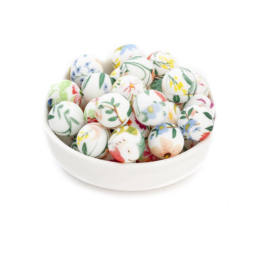 10Pcs 15mm New Silicone Beads Round Print Colorful Spacer Beads Food Grade Baby Nursing Necklace Pacifier Chain Teether Toys