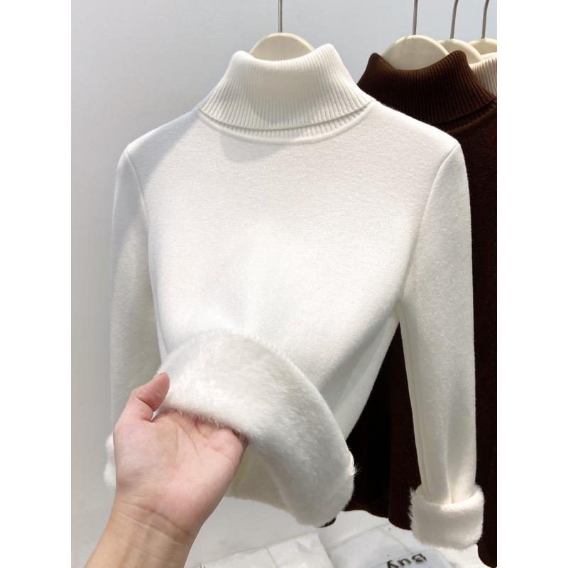 Autumn and winter new semi-turtleneck fleece sweater bottoming shirt women's integrated fleece thickened, warm and slim, knitted inside