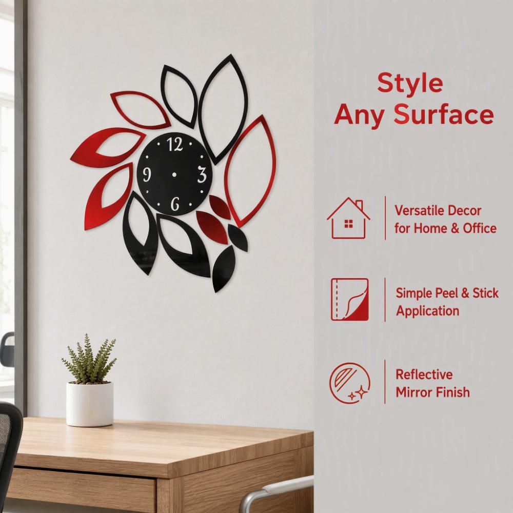 Removable Sticker Mirror Wall Clock Hollow Floral Design Self Adhesive Clock Decal Home Wall Art