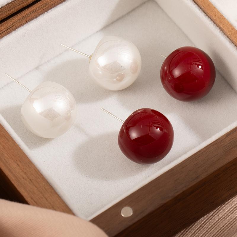 Vintage Red Baroque Pearl Stud Earrings Large Elegant Statement Drop Jewelry for Women