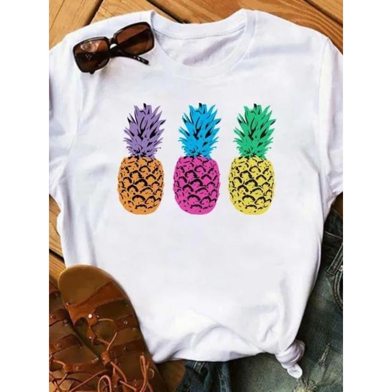 Maycaur Tricou noi pentru femei, Topuri imprimate cu ananas, tricou pentru femei, cu mânecă scurtă, cu decolteu O, tricou pentru femei, cămăși drăguțe de vară