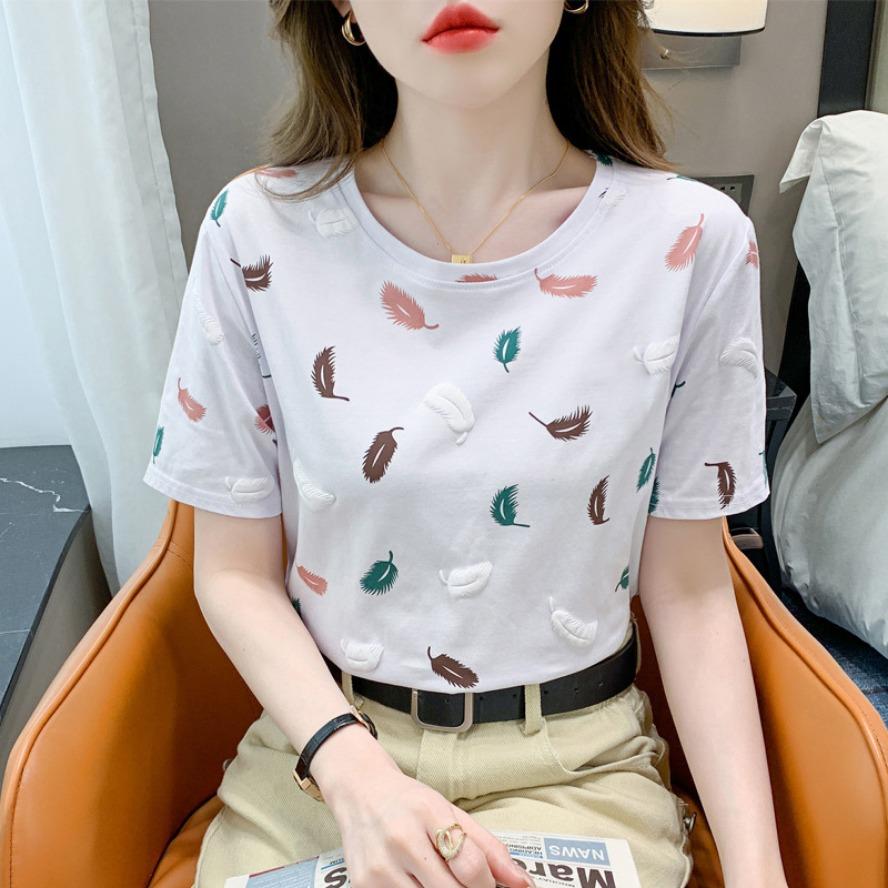 

YYFS женские модные повседневные летние весенние блузки и рубашки с короткими рукавами и круглым вырезом с принтом перьев S белый