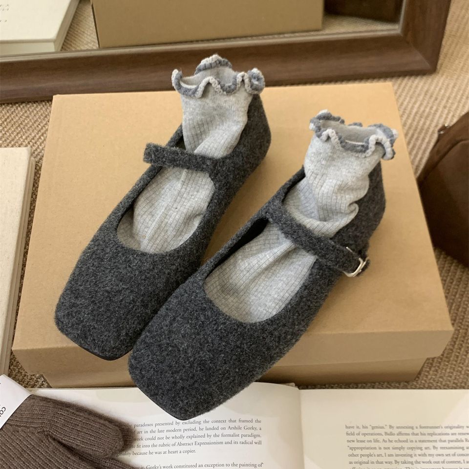 Gray Fluffy Shoes for Women To Wear In Autumn and Winter, New Korean French Mary Jane Shoes, Plush Warm Flat-soled Woolen Single Shoes