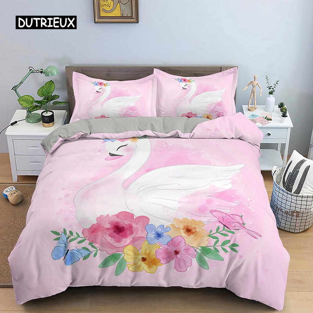 Swan Duvet Cover Black and White Swan Duvet Cover Queen Bird Comforter Cover Microfiber Romantic Flower Wild Animals Quilt Cover