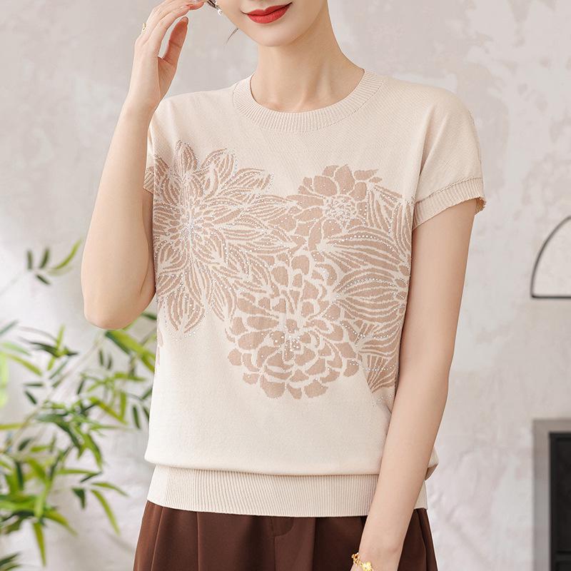 Summer Style Ice Silk Short-Sleeved T-Shirt & Knit Cardigan for Middle-Aged and Elderly Women