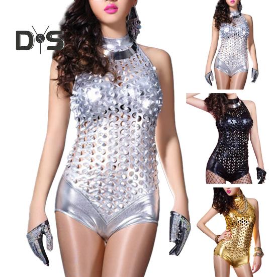 Women Bodysuit Hollow Out Holes Skinny Off Shoulder Sleeveless Glossy Elastic Soft Back Zipper Closure Solid Color Party Club Performance Playsuit