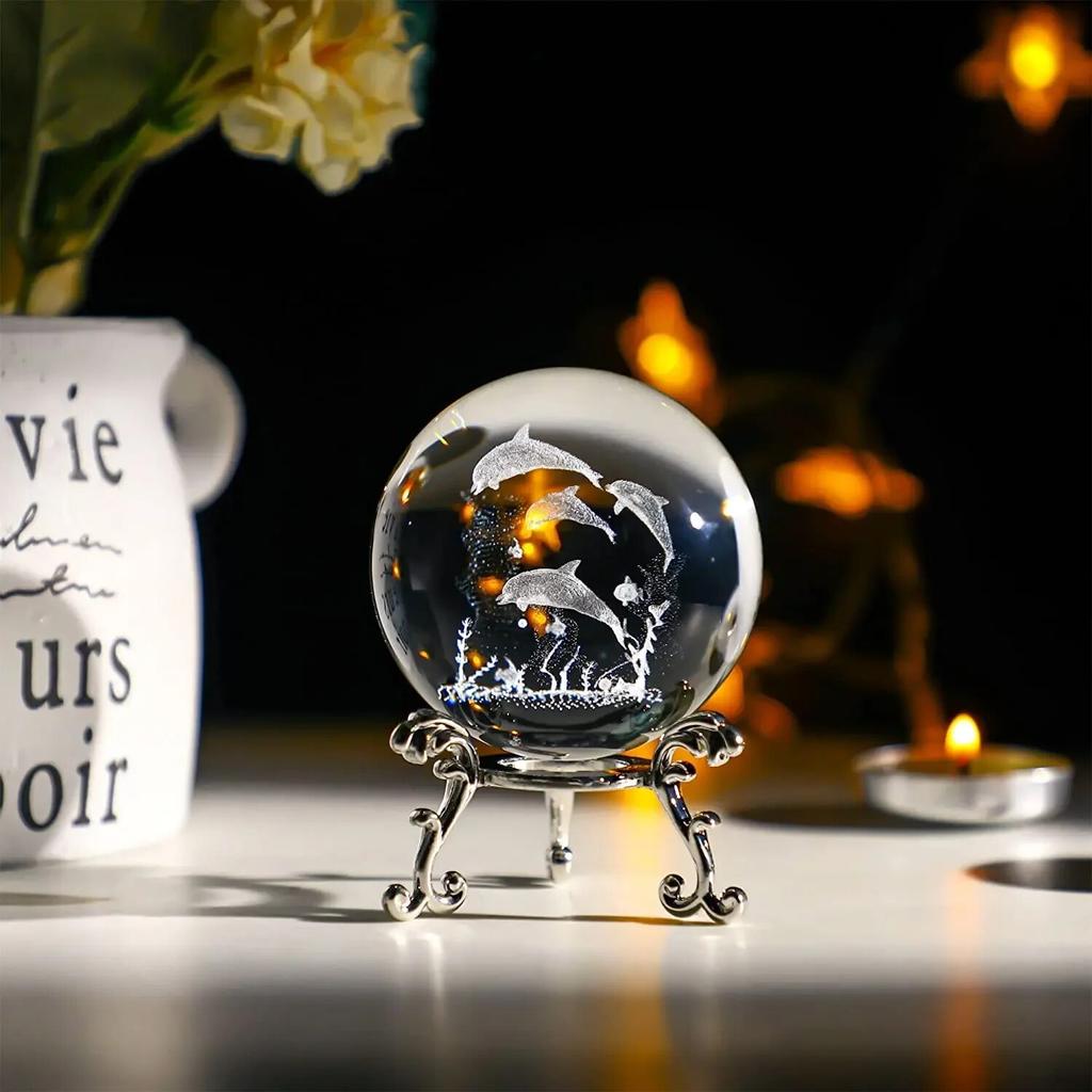 60mm 3D Crystal Ball Laser Engraved Glass Ornaments Animal Figurine Collectibles Paperweight Home Art Decor with Stand