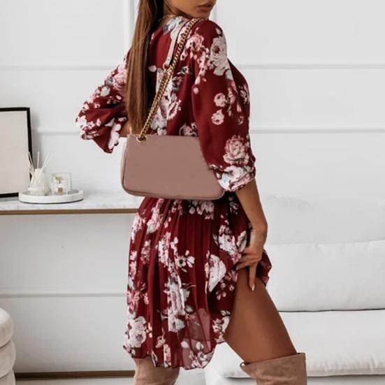 Pleated Flowy Hem Midi Dress Floral Print Sweet Elastic Waist V-Neck Casual