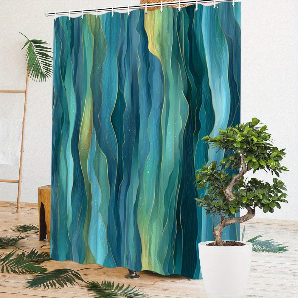 Tenda da Doccia con Onde Oceaniche Astratte Gradiente Blu Verde Acqua con Linee Dorate, Tenda da Bagno Fluid Art per Arredamento Casa Moderno