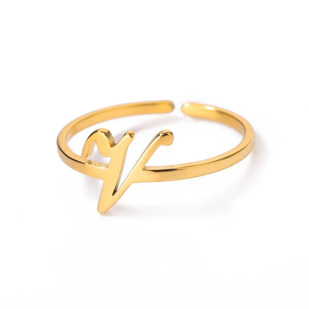 Stainless Steel Initial Letter Pendant Rings For Women Gold Color Trend A-Z Letter Finger Ring Aesthetic Wedding Jewelry Bijoux