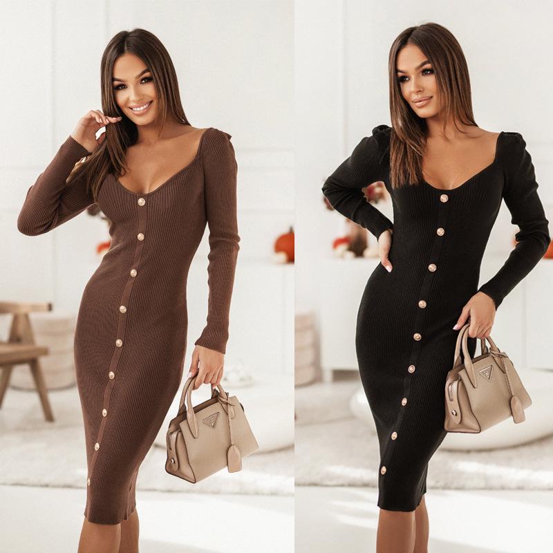 2024 Trendy Autumn Long Sleeve U-Neck Women's Dress