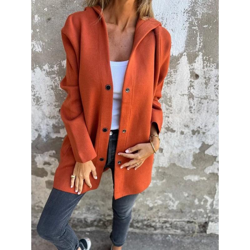 Womens Solid Color Hooded Single-Breasted Casual Jacket Winter Medium Weight Long Coat