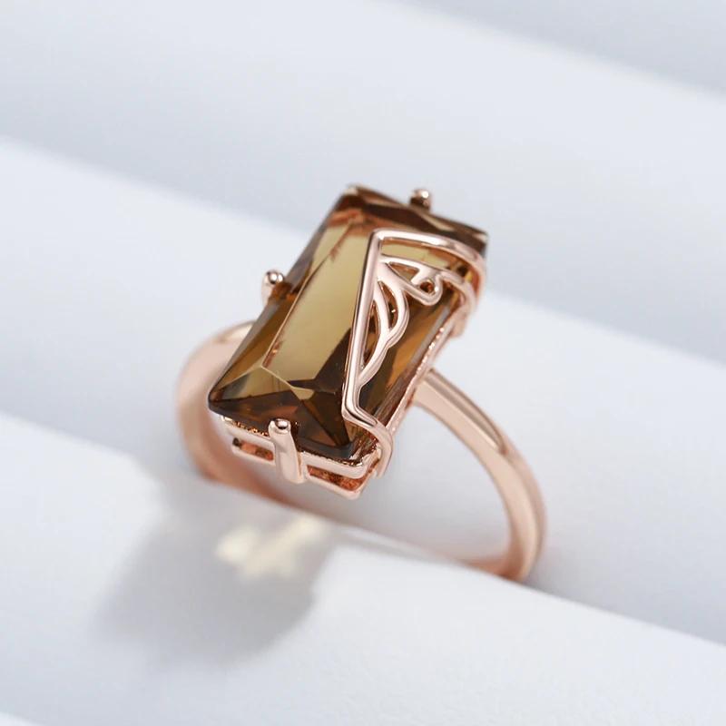Hollow Inlay Square Light Tea Color Zircon Large Rings Elegant Geometric Jewelry Women Rings Accessories