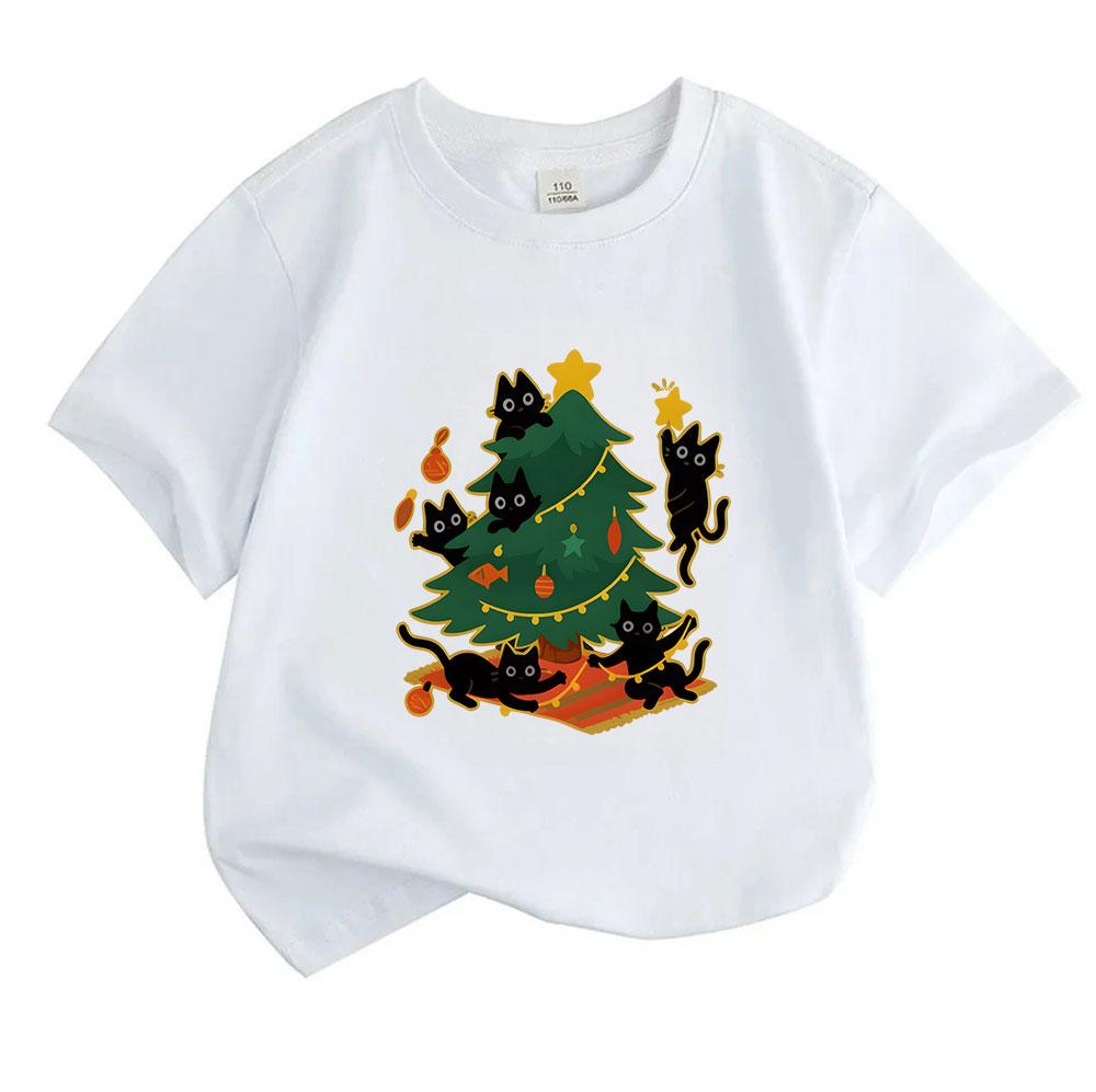 Kids Boys Girls 100% Cotton Crew Neck Short Sleeve T-Shirt, Funny Black Cats Decorating Christmas Tree Pattern Casual Xmas Tee for Children