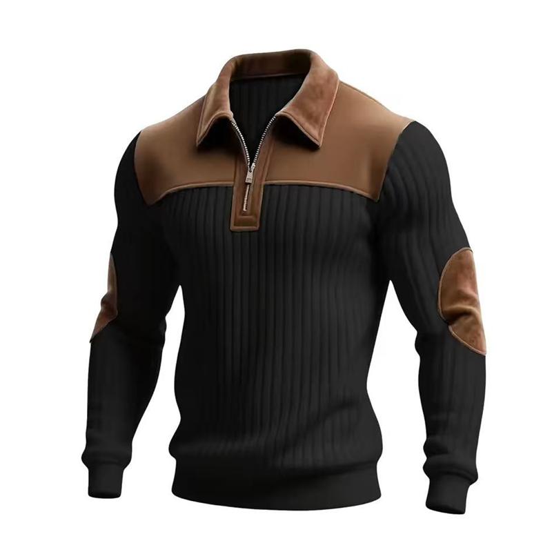 Men Quarter Zip Shirt Long Sleeve Turndown Collar Pullover Color Block Jacquard Sweatshirt with Elbow Patches for Daily Wear