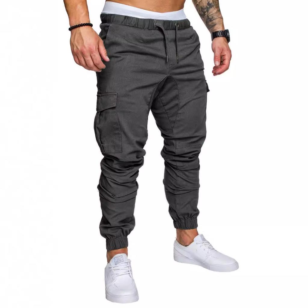 Men's Spring and Autumn Long Pants Fashion Casual Drawstring Elastic Pants Solid Trousers with Pockets