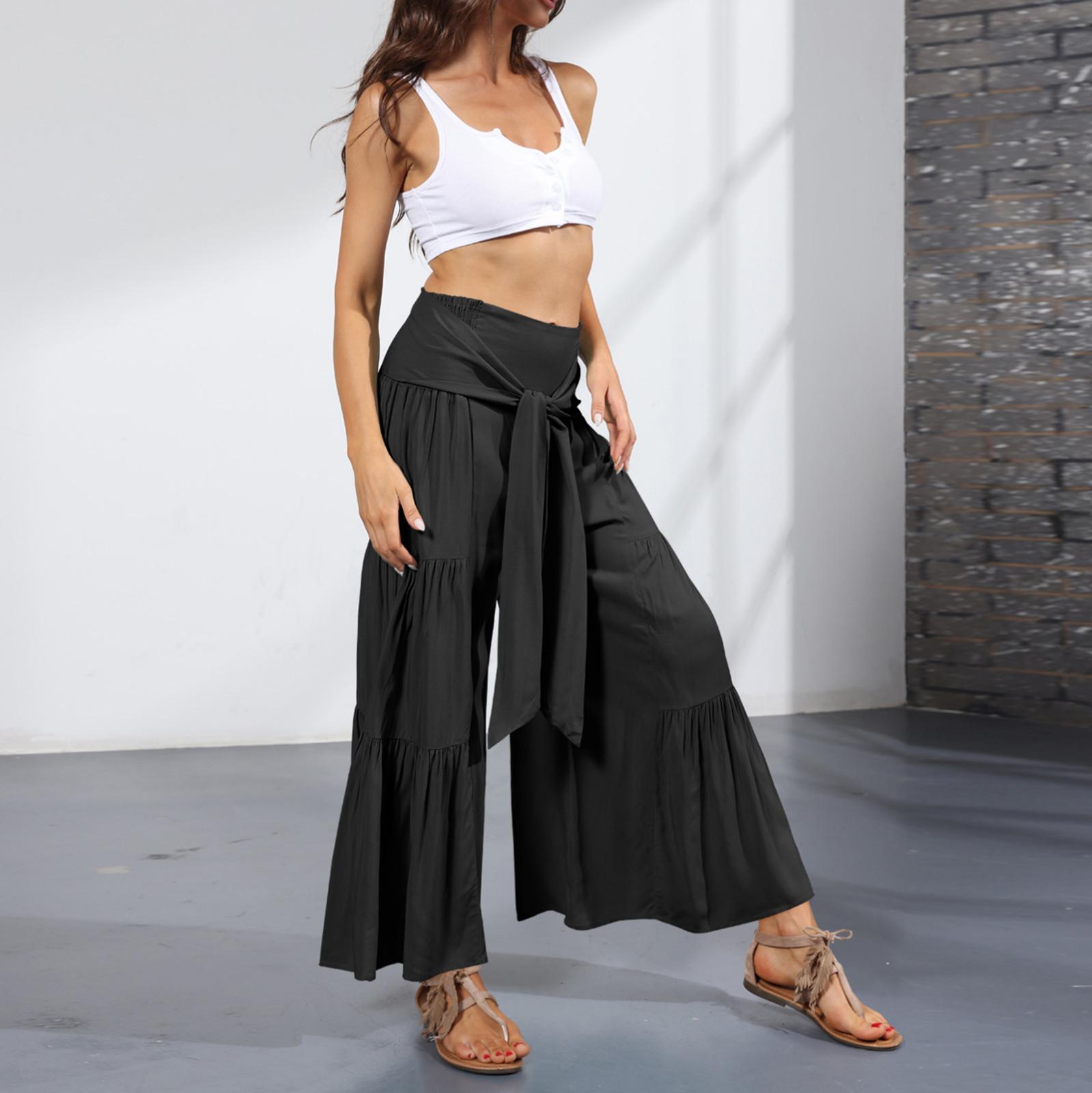 

Модные женские однотонные повседневные удобные расклешенные широкие брюки пляжные плиссированные девятые брюки L чёрный