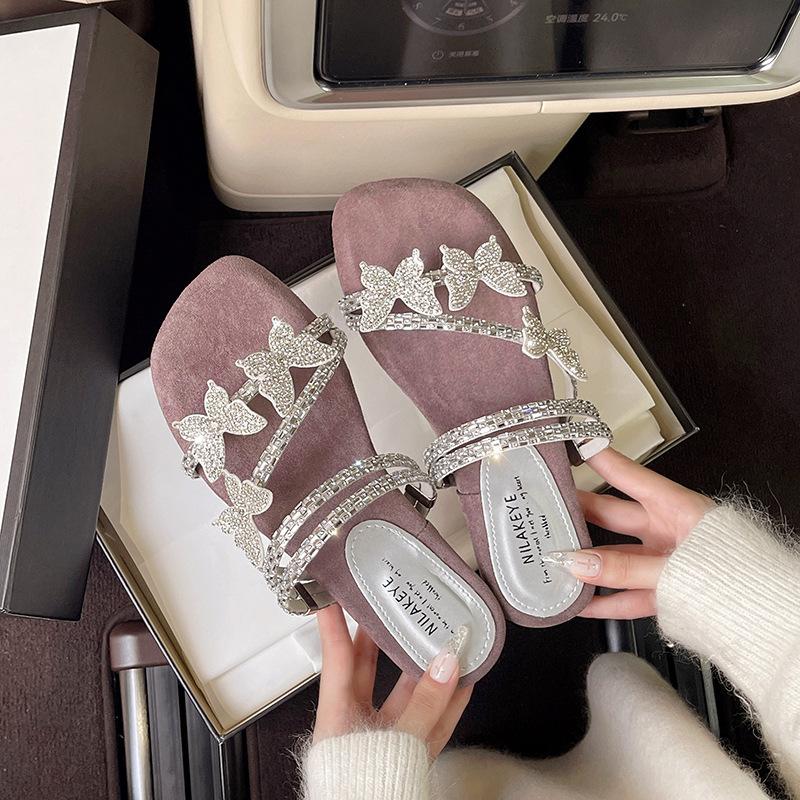 Beach wear fairy wind with skirt bow flat sandals women's 2025 summer new fashion rhinestone slippers