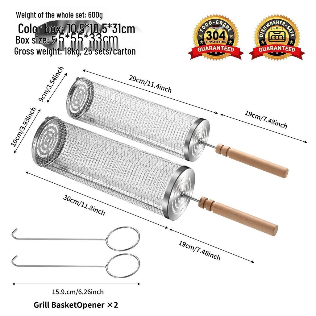 Stainless Steel Portable BBQ Rolling Grill Cage, Cylinder Smoker Net 304