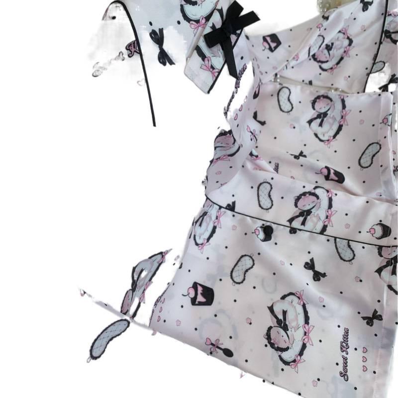 Goodnight Sleepy Cat: Women's Autumn/Winter Ice Silk Pajamas - Cartoon Kitten Print, Long Sleeve & Pants Set