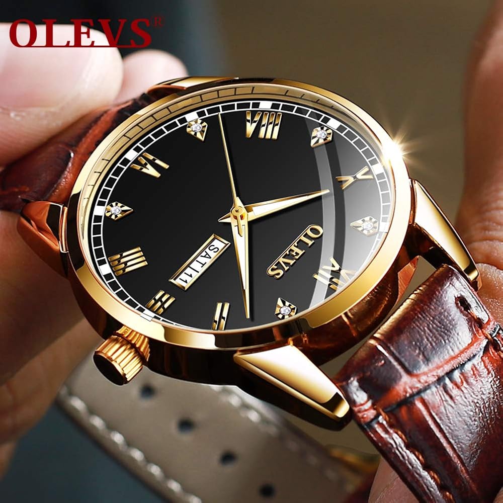 OLEVS Men's Ultra-Thin Analog Quartz Watch with Leather Strap and Date Display
