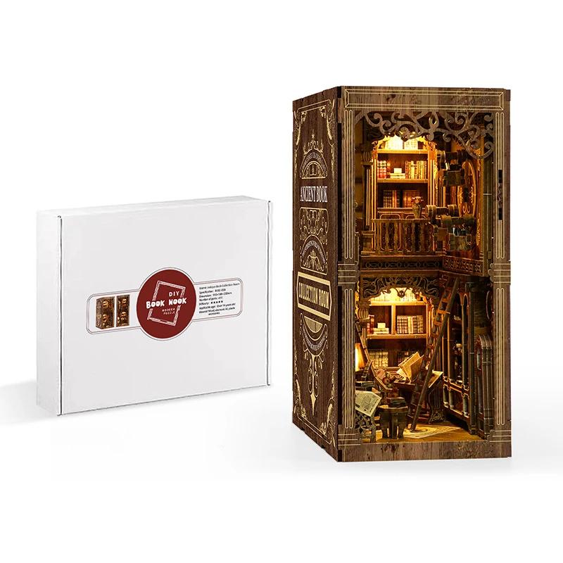 Antique Book Collection Room Bookshelf Home Decor Retro DIY Wooden Book Nook Shelf Insert Miniature Kits For Adult Handmade Gift