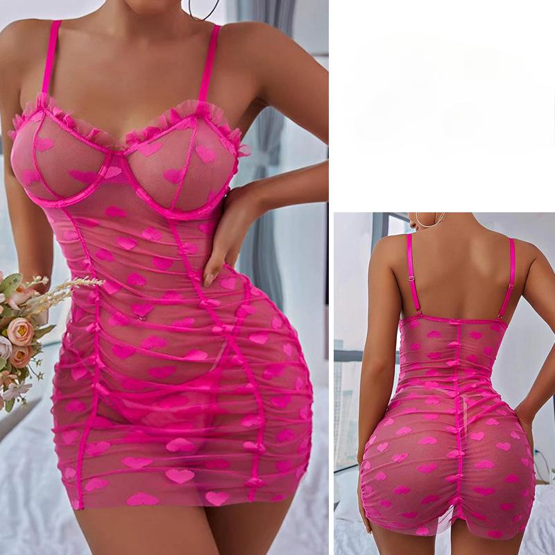 1 Set Mesh Frill Trim Underwire Slips & Thong Print Ruffle Slip Dress Lettuce Trim Ruched Babydoll Women's Sexy Lingerie & Underwear