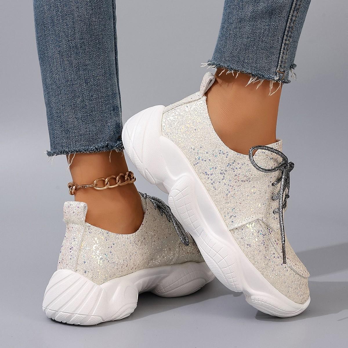 

Женские кроссовки, модные повседневные спортивные кроссовки с блестками на шнуровке, женская дышащая обувь 41 белый