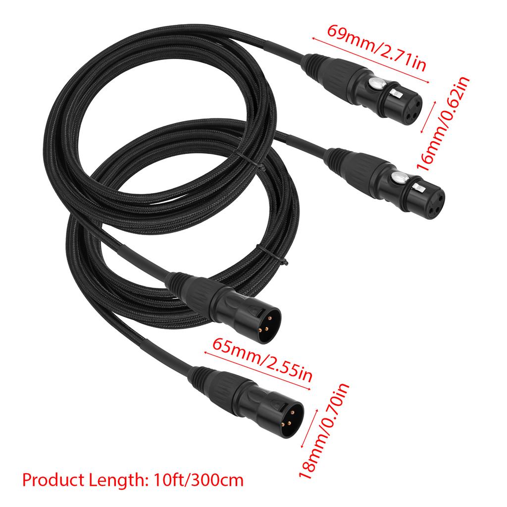2 Pack XLR Cables 10ft Professional XLR Male To Female Audio Cable Weaving Protective Nets Gold Plated Plug for Mic