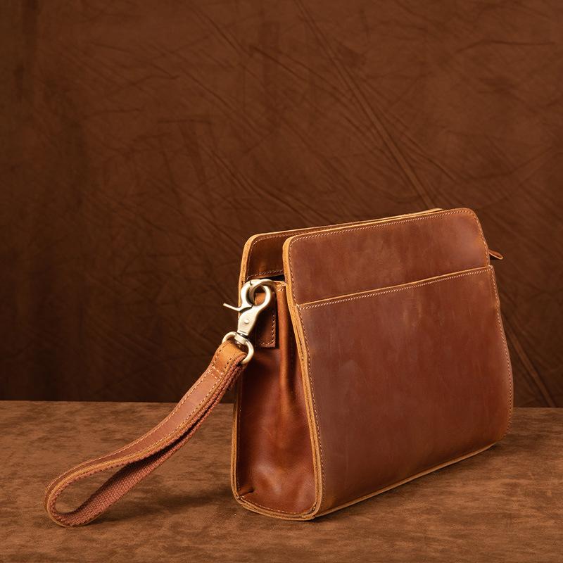 Real Leather Men s Handbag, Crazy Horse Leather Shoulder Bag, Retro Men s Multi-functional Business Long Handbag коричневый