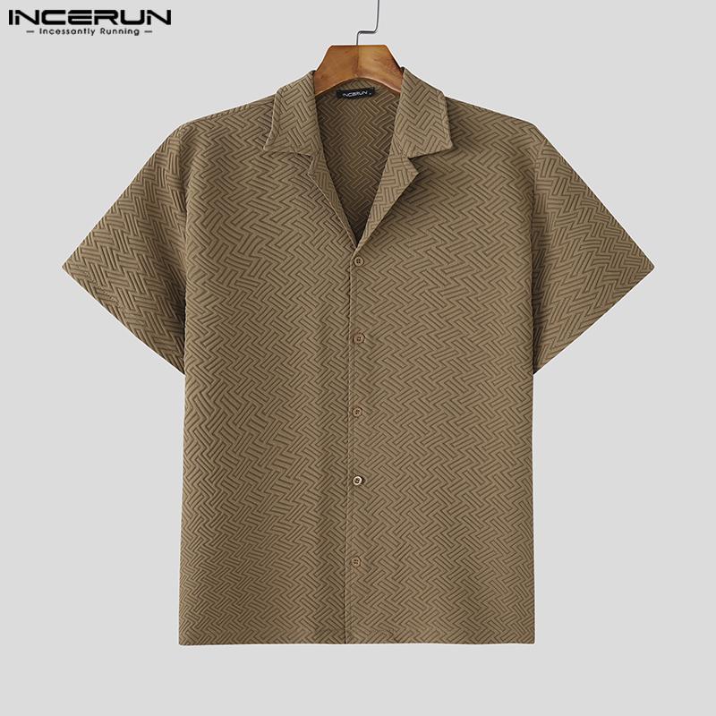 INCERUN S-5XL Men Lapel Short Sleeve Texture Buttons Casual Loose Shirts