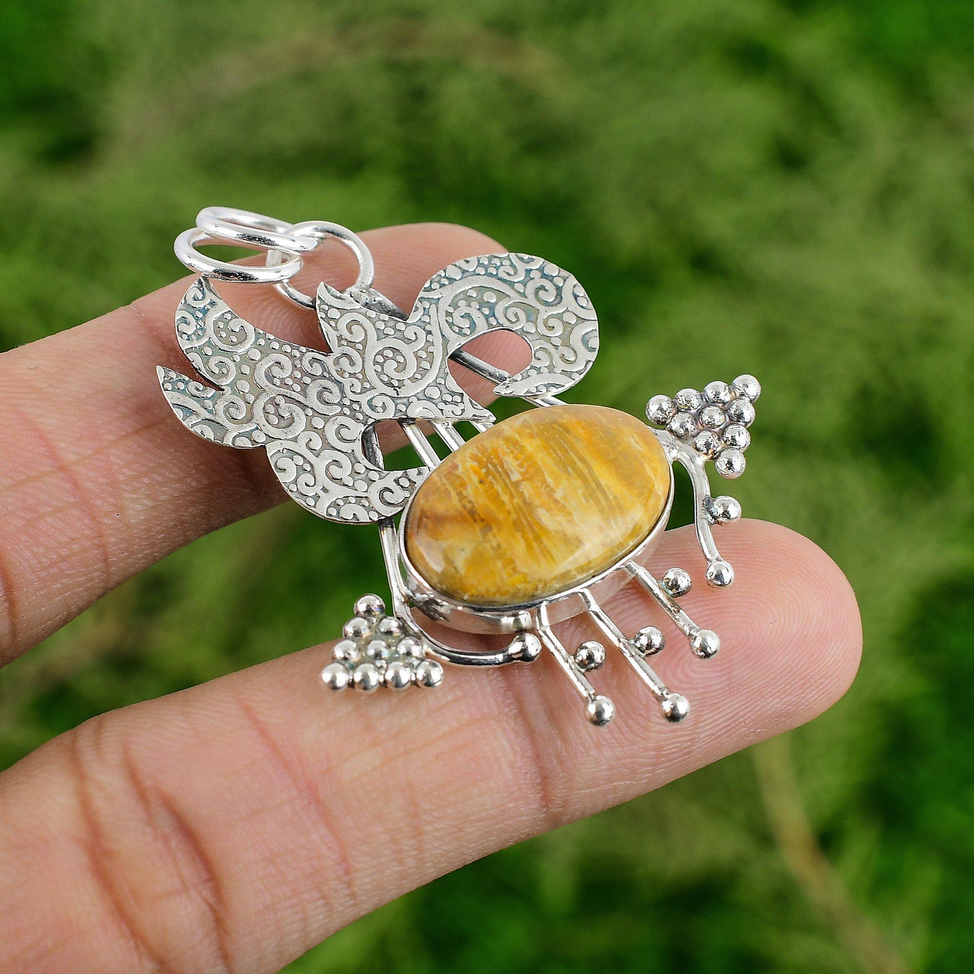 

Daughters Day Sale Oval Fossil Coral Stone Engagement Bezel Pendant 925 Silver