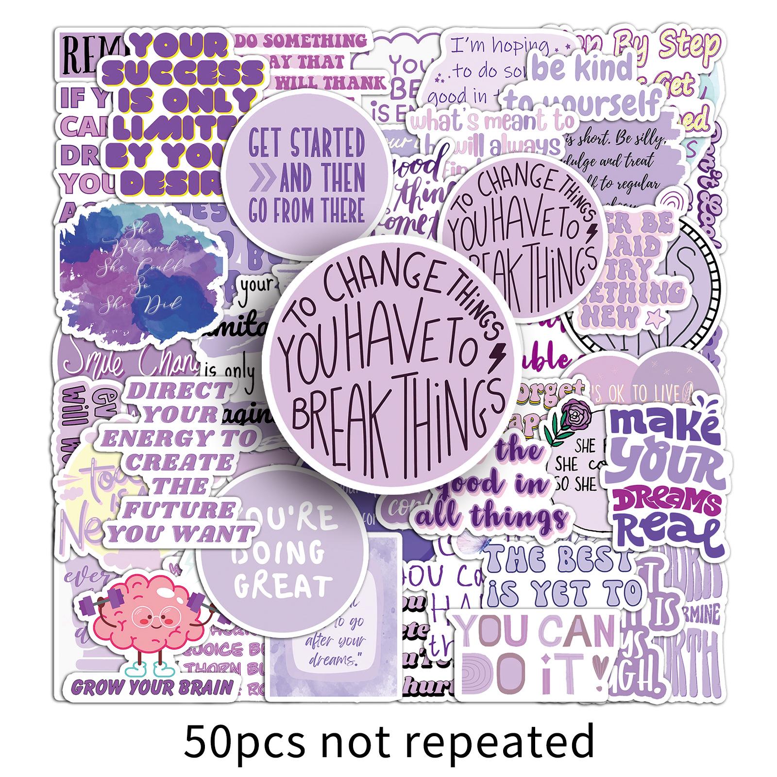 50PCS Purple Motivational Stickers - English Slogans, Heart, Girly Journal, Tablet Decor