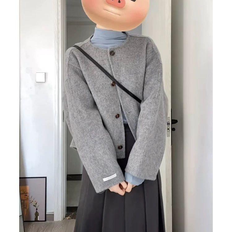 Women's Petite Gray Wool Coat - Hepburn Style for 2025 Autumn/Winter