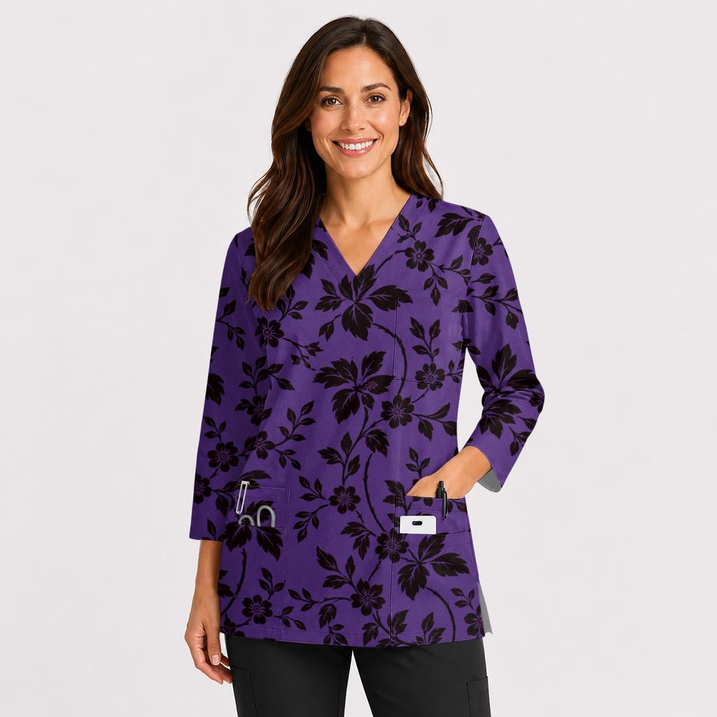Women's Printed Top V-Neck 3/4 Sleeve with Double Pockets and Side Slits