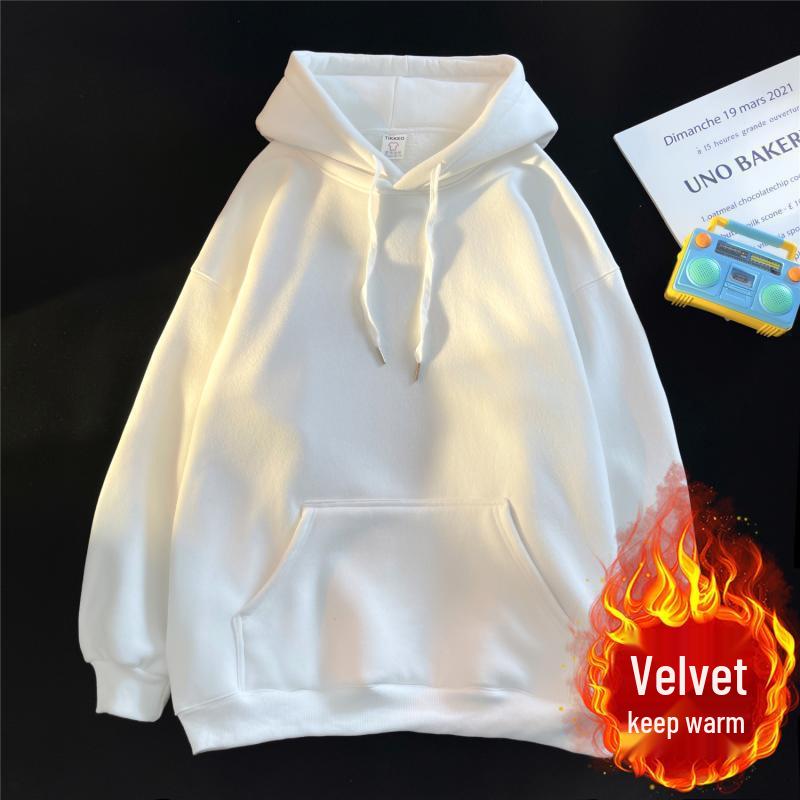 Men's Solid White Loose Fleece Hooded Sweatshirt, Autumn/Winter 2024 Collection