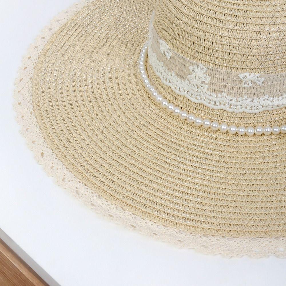 Elegant Weave Bucket Hat Pearl Chain Lace Tied Sun Hat Fashion Wide Brim Straw Hat  Party