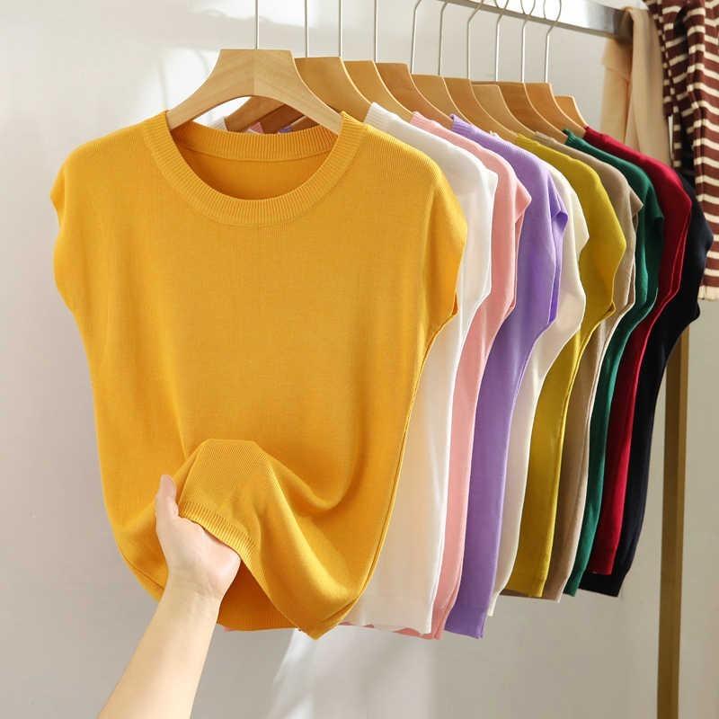 Summer Round Neck Knitted Casual Women's T-shirt Elegant Loose Ice Silk Thin Fit Solid Color Short Sleeve Tee Tops Ladies Simple Fashion T Shirt 3097