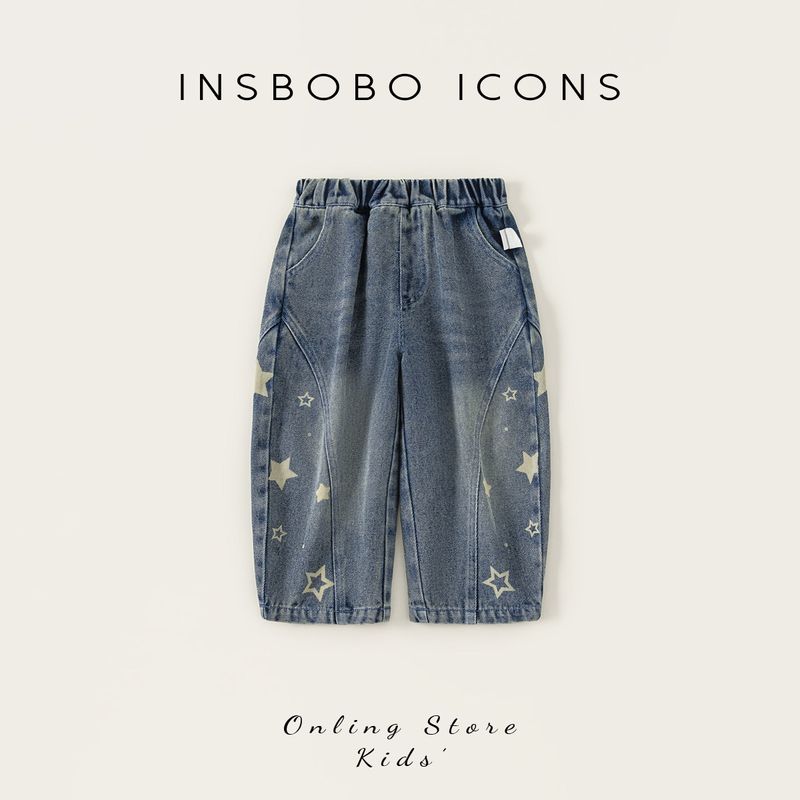 Insbobo Boys  Jeans 2026 Spring New Children s Pants Boys  Spring and Autumn Stylish Straight-Leg Pants Spring Wear Cowboy Blue 80