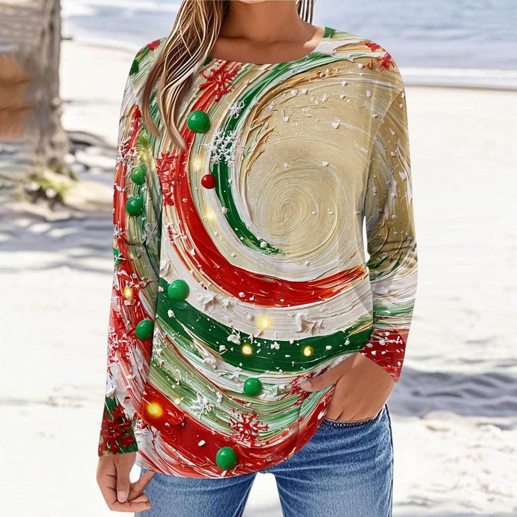 Women's Fashion Christmas Print Crewneck Long Sleeve Pullover Top for Holiday Party and Casual Wear