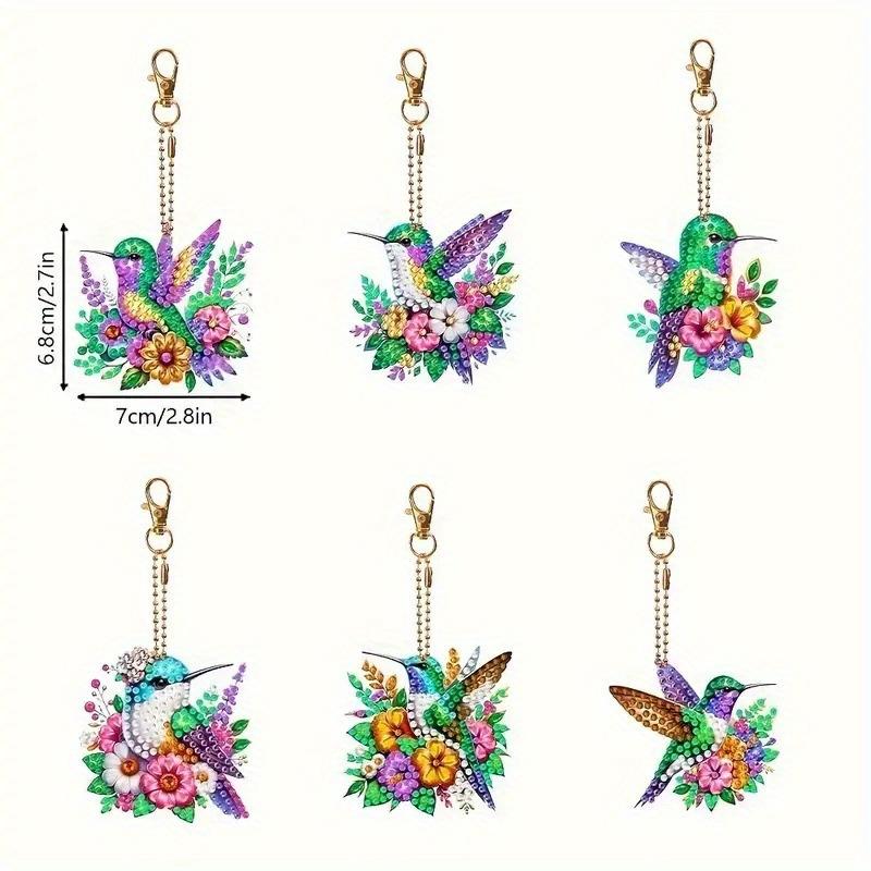 6Pcs Colorful Bird Double-Sided Rhinestone Acrylic Diamond Painting Set DIY Keychain