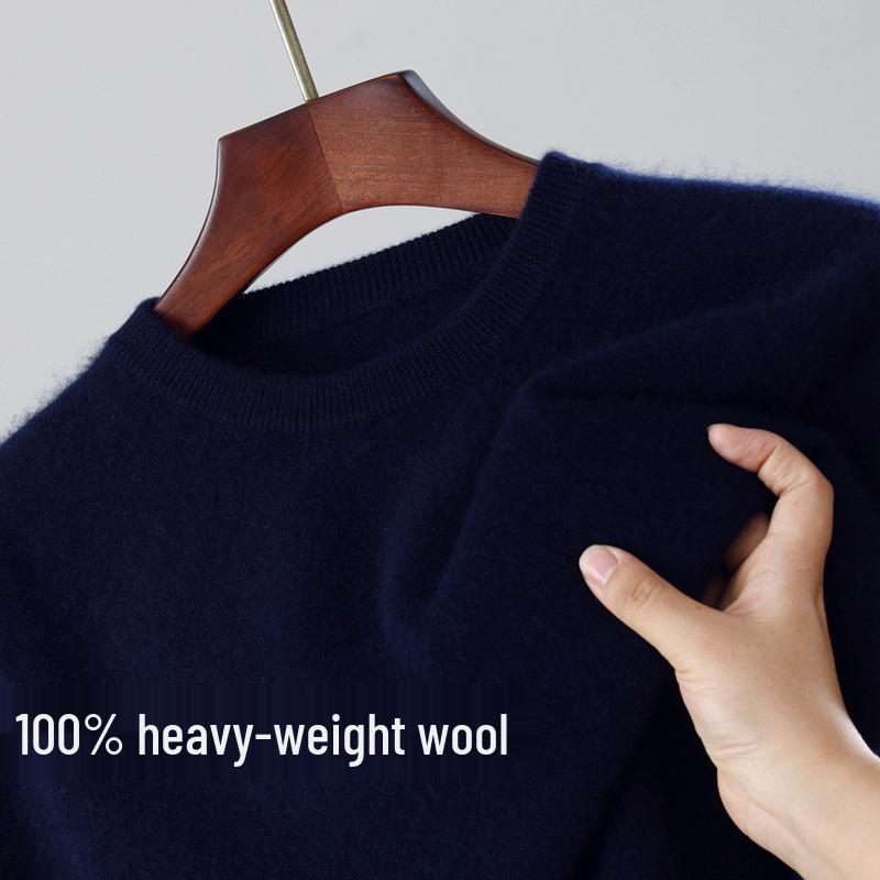 Men's 100% Wool Round Neck Loose Casual Sweater - Thickened Long Sleeve Knitwear