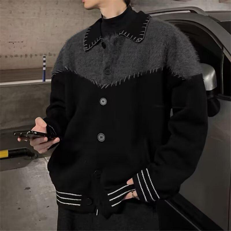 

Men s Color-block Patchwork Knit Cardigan - Retro Autumn/Winter Lapel Sweater for Couples Medium чорний