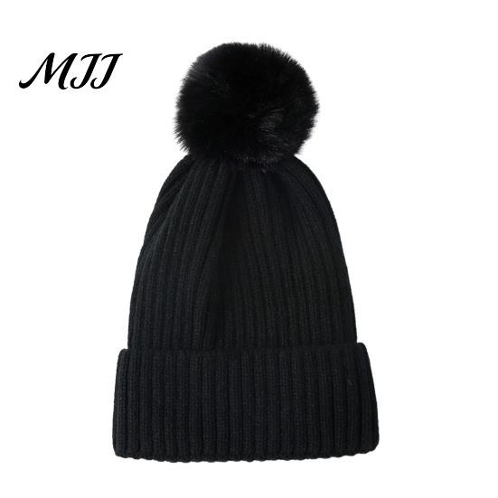 Warm Knitted Hats Winter Hat with Fluffy Fur Ball, Thick Cuffed Cap, Elastic Soft Outdoor Travel Headgear Stretchy Fabric Solid Color for And