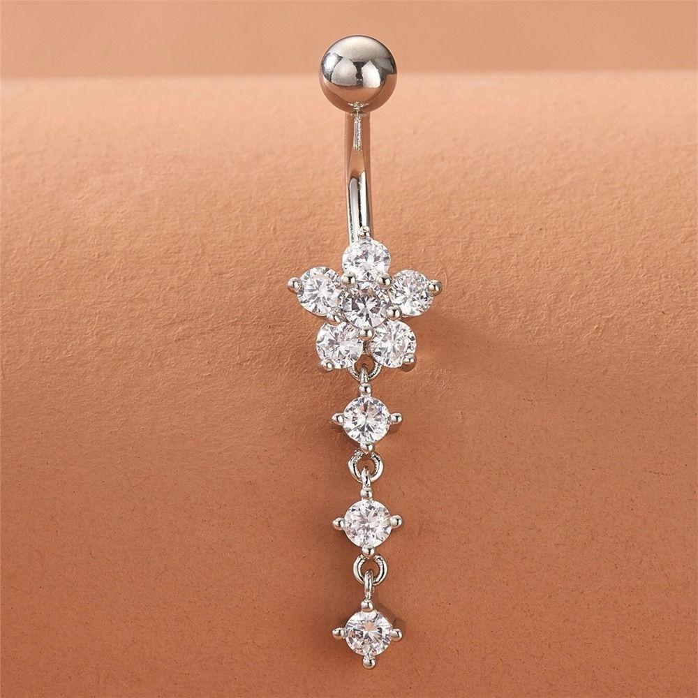 Rhinestone Flower Pendants Belly Button Ring Stainless Steel Body Piercing Jewelry Girls